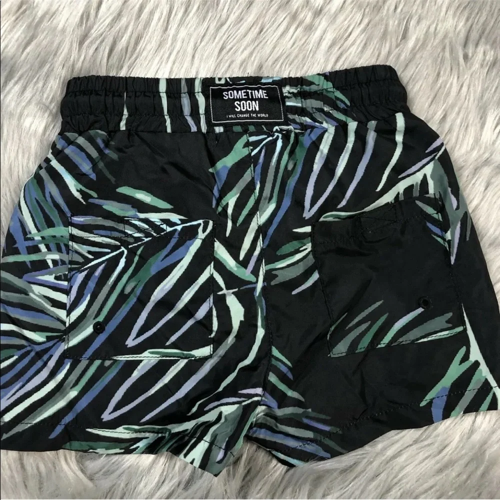 Sometime Soon Toddler Boys 2 Black Blue Green Leaf Print Swim Shorts